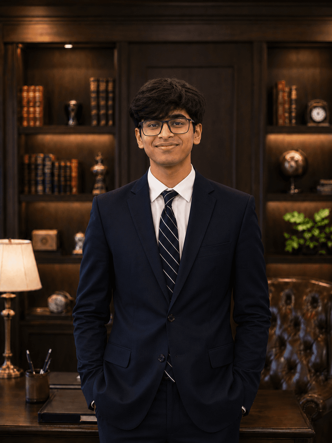 Ayush Chougula, in a suit and glasses, standing in a warmly lit library